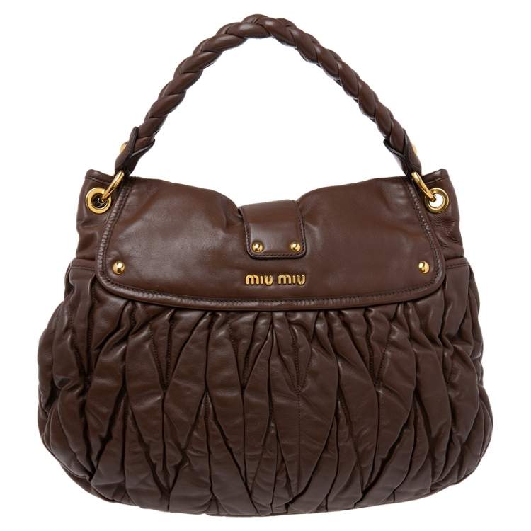 Pre Owned Miu Miu Brown Matelassé Leather Coffer Hobo