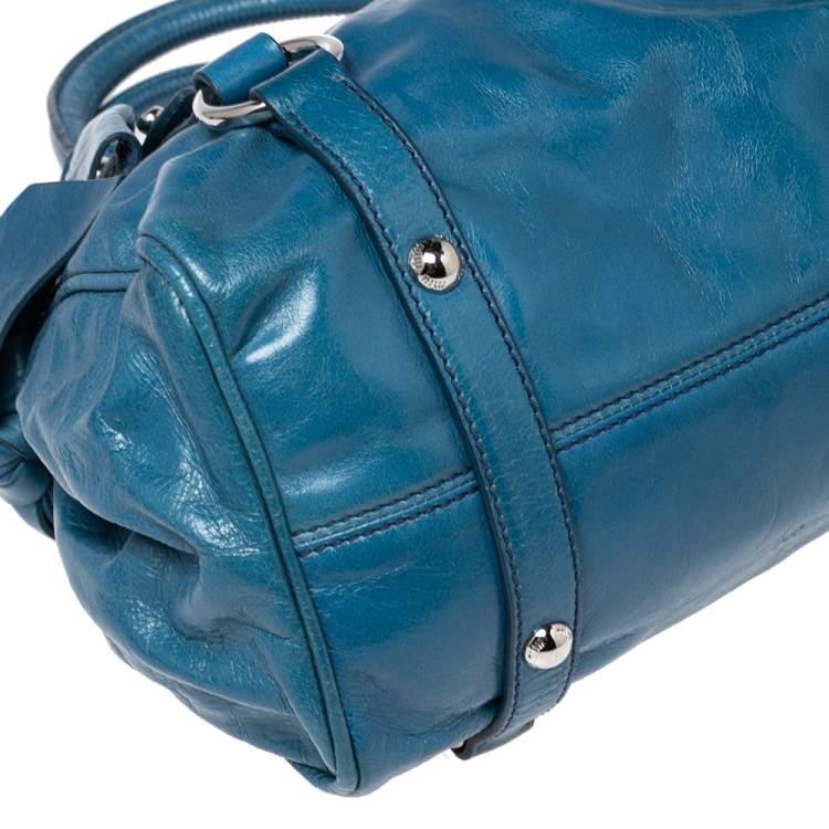Pre Owned Miu Miu Blue Leather Vitello Lux Leather Bow Top Handle Bag