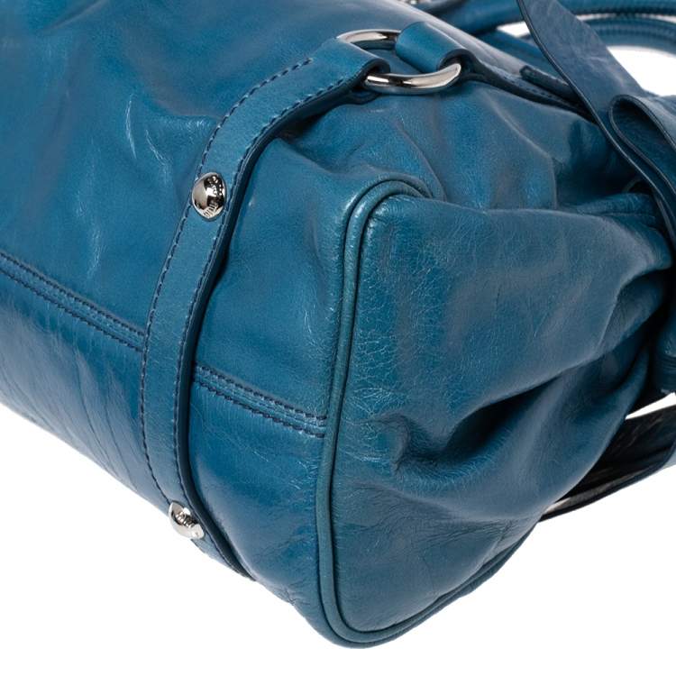 Pre Owned Miu Miu Blue Leather Vitello Lux Leather Bow Top Handle Bag