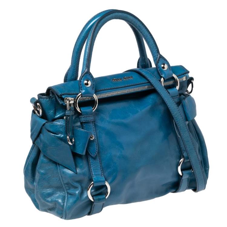Pre Owned Miu Miu Blue Leather Vitello Lux Leather Bow Top Handle Bag