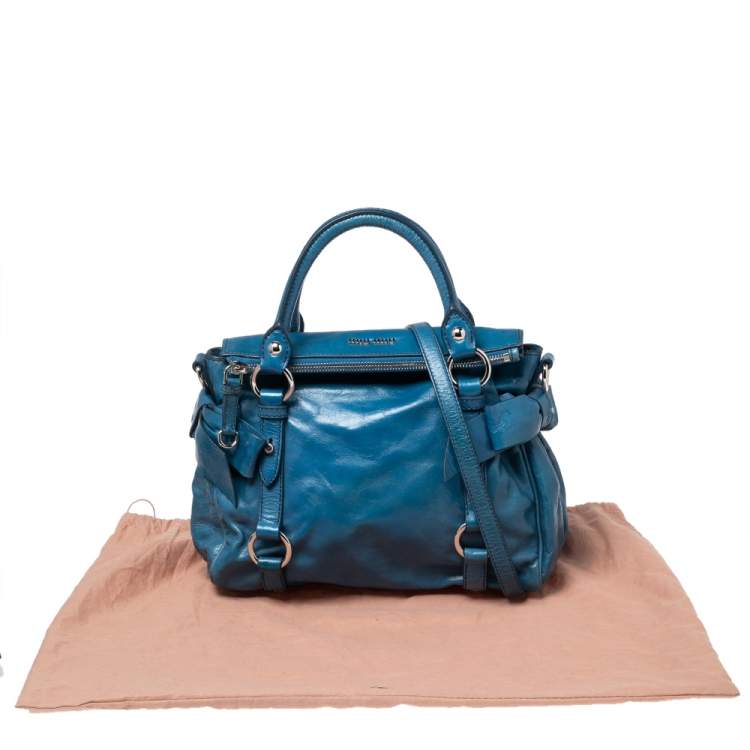 Pre Owned Miu Miu Blue Leather Vitello Lux Leather Bow Top Handle Bag