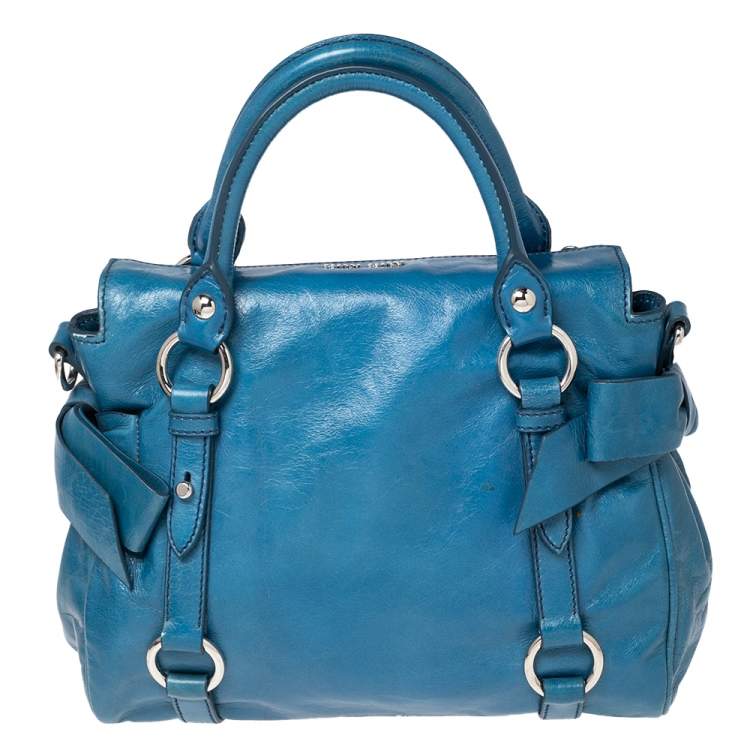 Pre Owned Miu Miu Blue Leather Vitello Lux Leather Bow Top Handle Bag