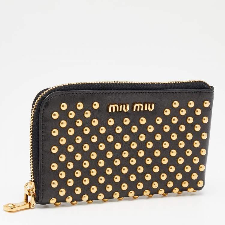 Pre Owned Miu Miu Black Leather Studded Zip Around Wallet