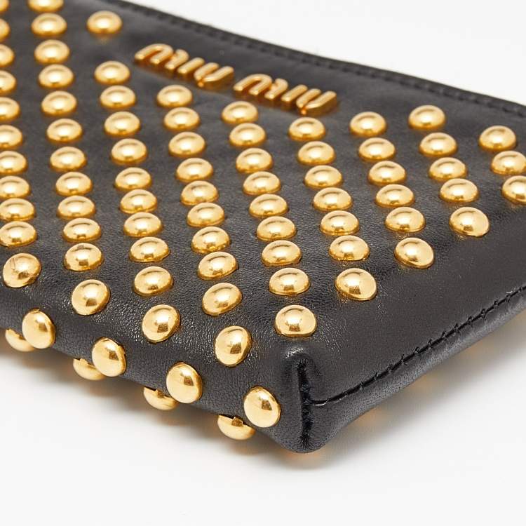 Pre Owned Miu Miu Black Leather Studded Zip Around Wallet