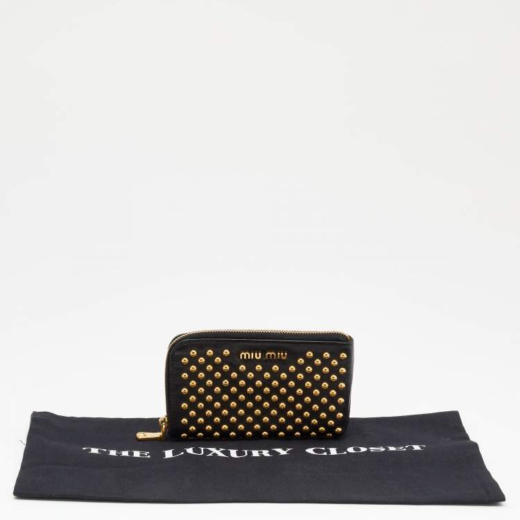 Pre Owned Miu Miu Black Leather Studded Zip Around Wallet