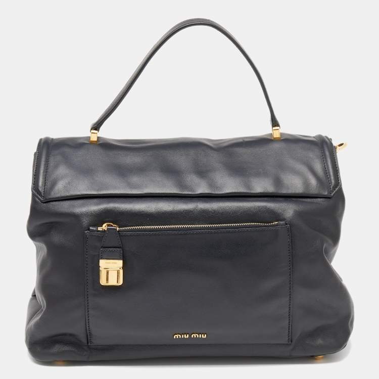 Pre Owned Miu Miu Black Vitello Soft Leather Large Top Handle Bag