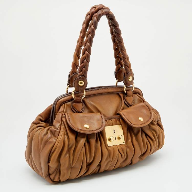 Pre Owned Miu Miu Brown Matelasse Leather Coffer Frame Satchel