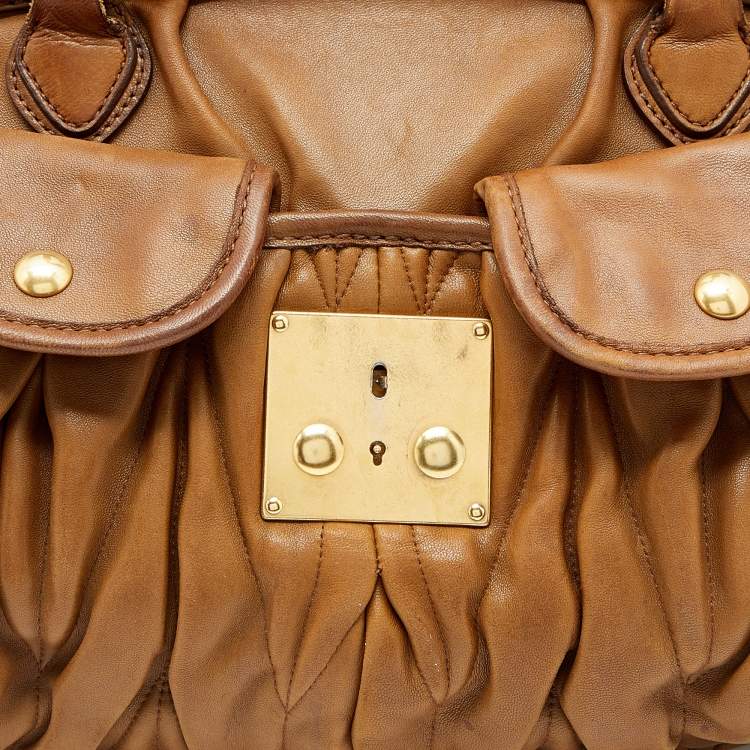 Pre Owned Miu Miu Brown Matelasse Leather Coffer Frame Satchel