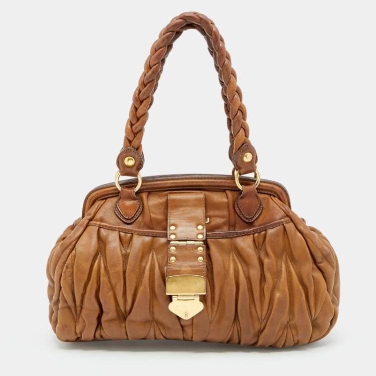 Pre Owned Miu Miu Brown Matelasse Leather Coffer Frame Satchel