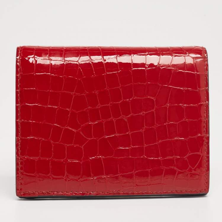Pre Owned Miu Miu Red Croc Embossed Patent Leather Crystal Embellished Bifold Wallet