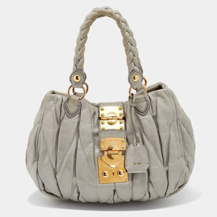 Pre Owned Miu Miu Grey Matelassé Leather Hobo