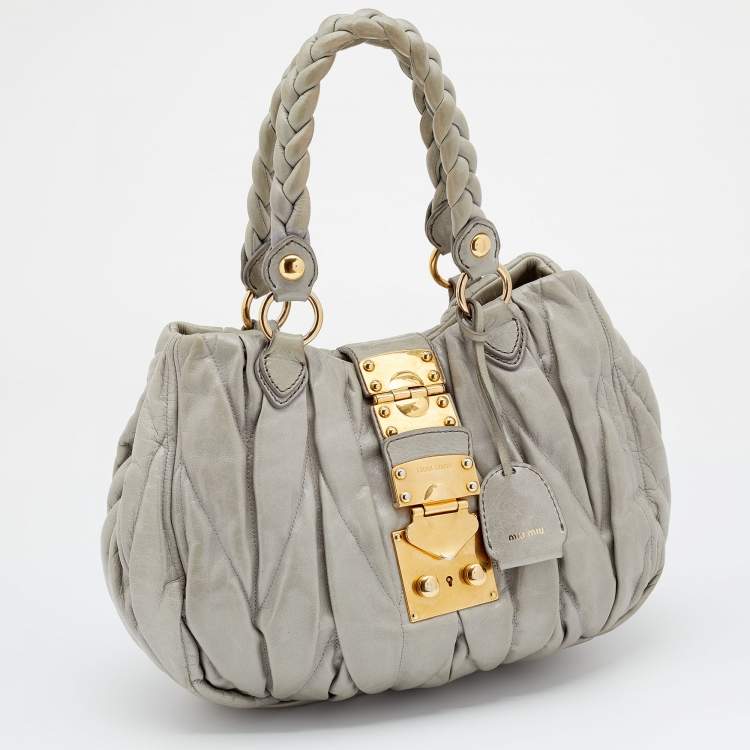 Pre Owned Miu Miu Grey Matelassé Leather Hobo