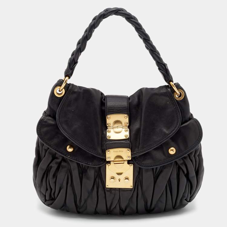 Pre Owned Miu Miu Black Matelassé Leather Coffer Hobo