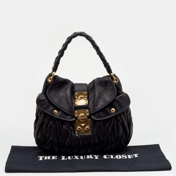 Pre Owned Miu Miu Black Matelassé Leather Coffer Hobo