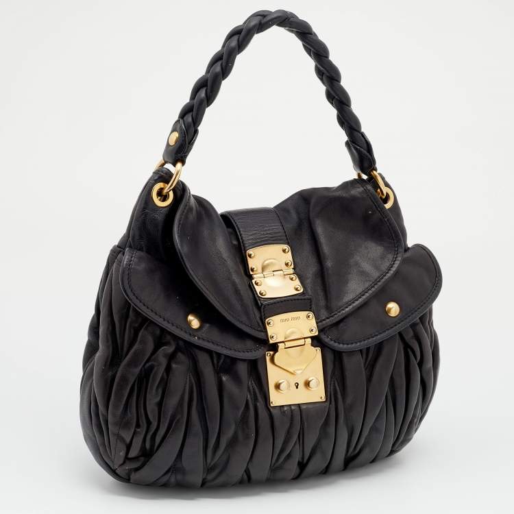 Pre Owned Miu Miu Black Matelassé Leather Coffer Hobo