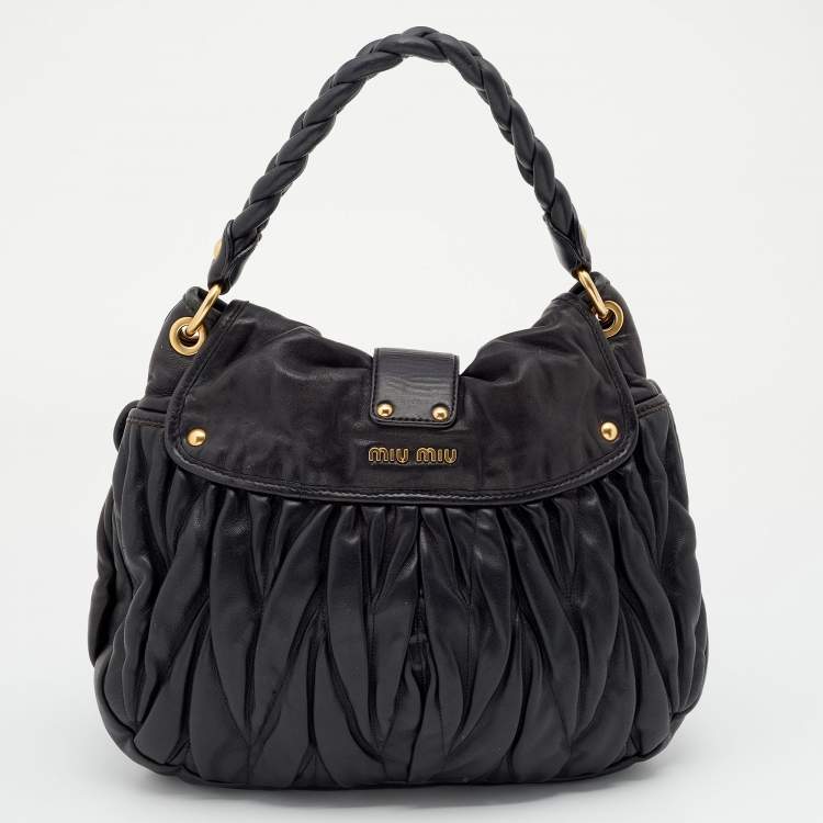 Pre Owned Miu Miu Black Matelassé Leather Coffer Hobo