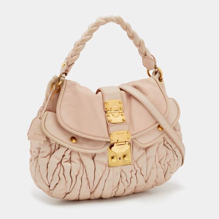 Pre Owned Miu Miu Beige Matelassé Leather Coffer Hobo