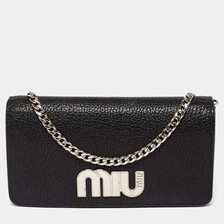 Pre Owned Miu Miu  Black Leather Logo Flap Wallet on Chain