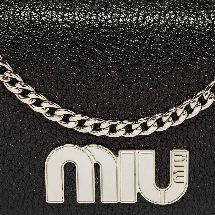 Pre Owned Miu Miu  Black Leather Logo Flap Wallet on Chain