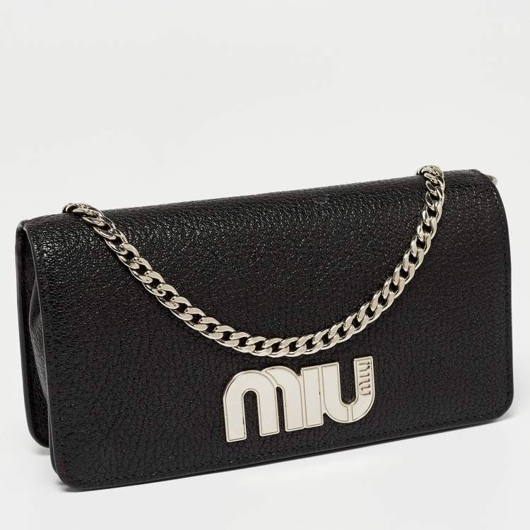 Pre Owned Miu Miu  Black Leather Logo Flap Wallet on Chain