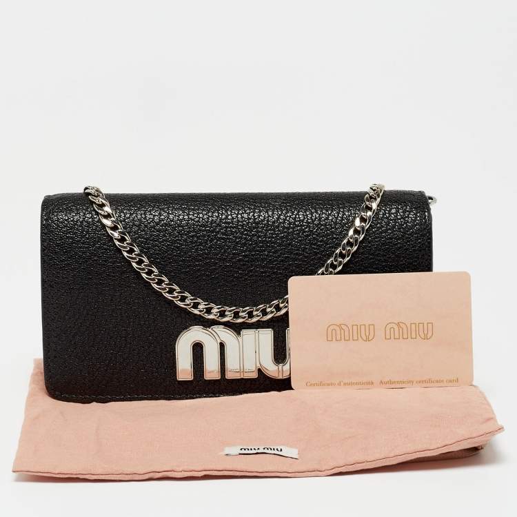 Pre Owned Miu Miu  Black Leather Logo Flap Wallet on Chain