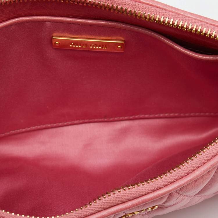Pre Owned Miu Miu Pink Matelasse Leather Top Zip Clutch