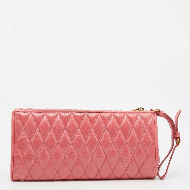 Pre Owned Miu Miu Pink Matelasse Leather Top Zip Clutch