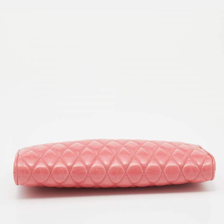 Pre Owned Miu Miu Pink Matelasse Leather Top Zip Clutch