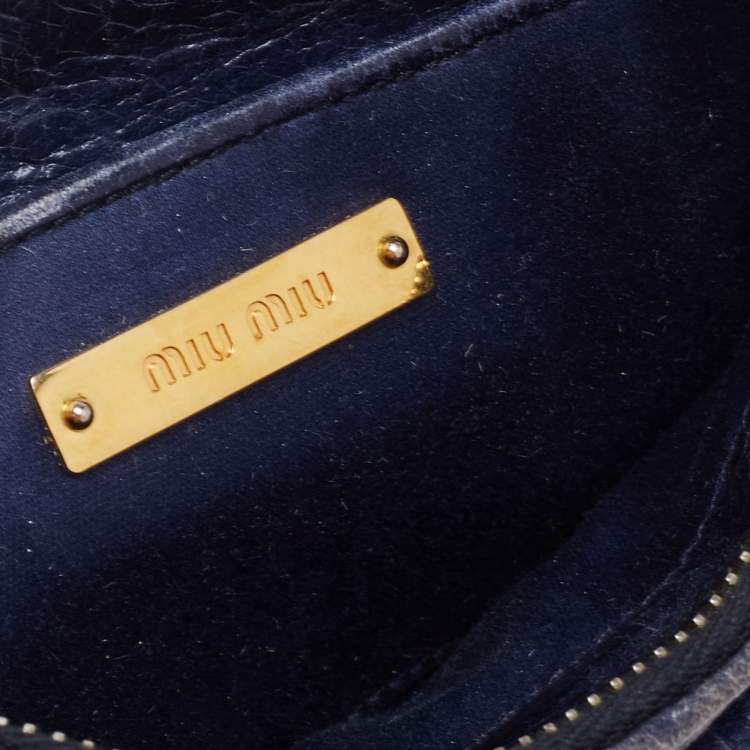Pre Owned Miu Miu Navy Blue Leather Bow Wristlet Clutch