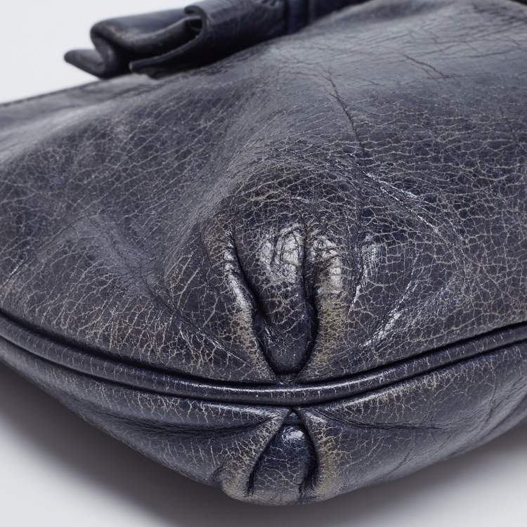 Pre Owned Miu Miu Navy Blue Leather Bow Wristlet Clutch