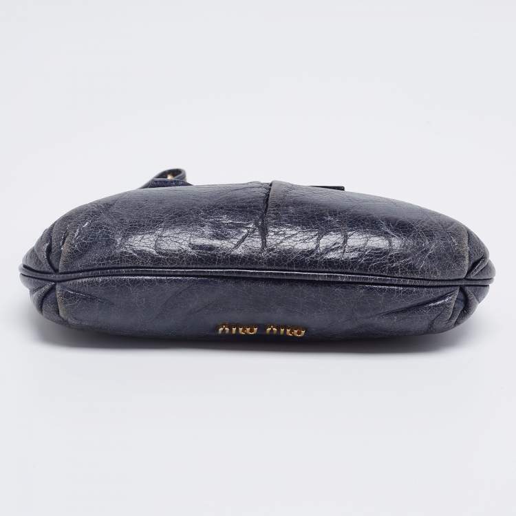 Pre Owned Miu Miu Navy Blue Leather Bow Wristlet Clutch