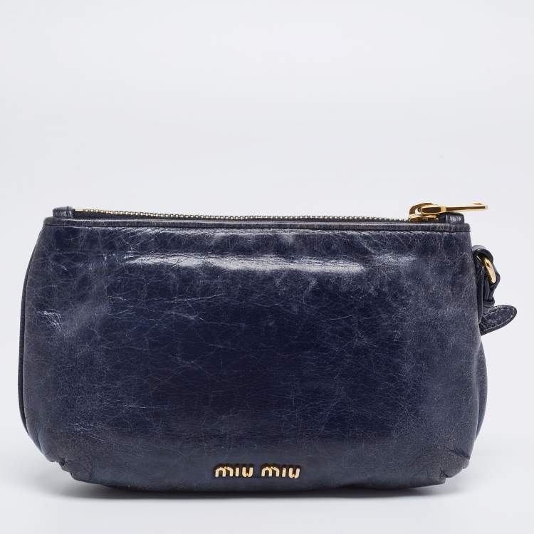 Pre Owned Miu Miu Navy Blue Leather Bow Wristlet Clutch