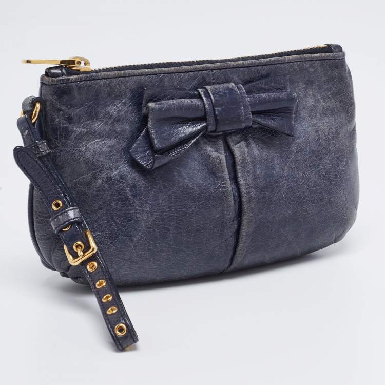 Pre Owned Miu Miu Navy Blue Leather Bow Wristlet Clutch