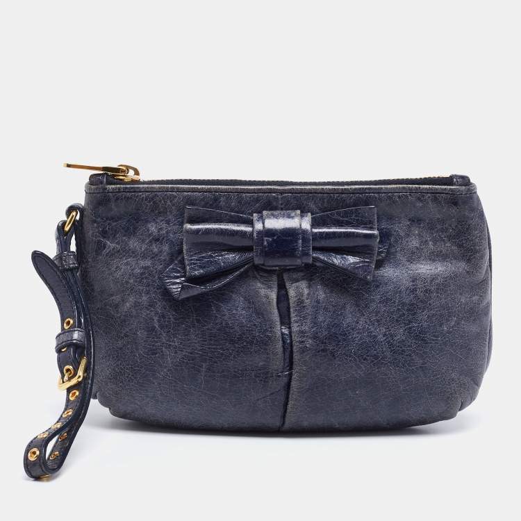 Pre Owned Miu Miu Navy Blue Leather Bow Wristlet Clutch