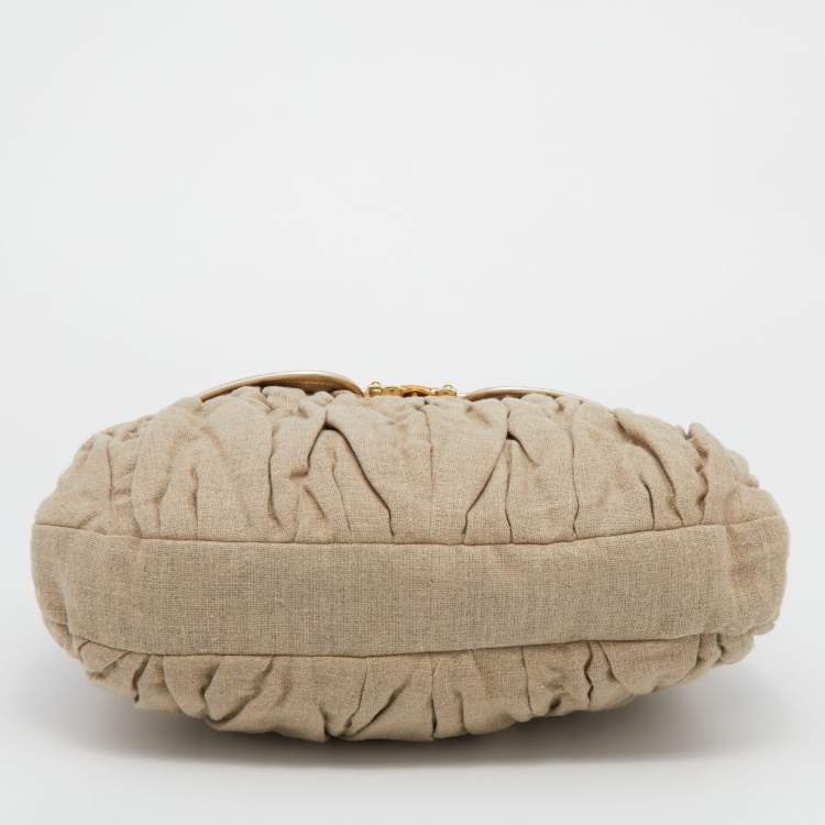 Pre Owned Miu Miu Beige/Gold Canvas and Leather Coffer Hobo