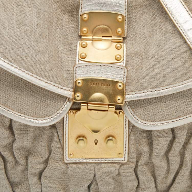 Pre Owned Miu Miu Beige/Gold Canvas and Leather Coffer Hobo