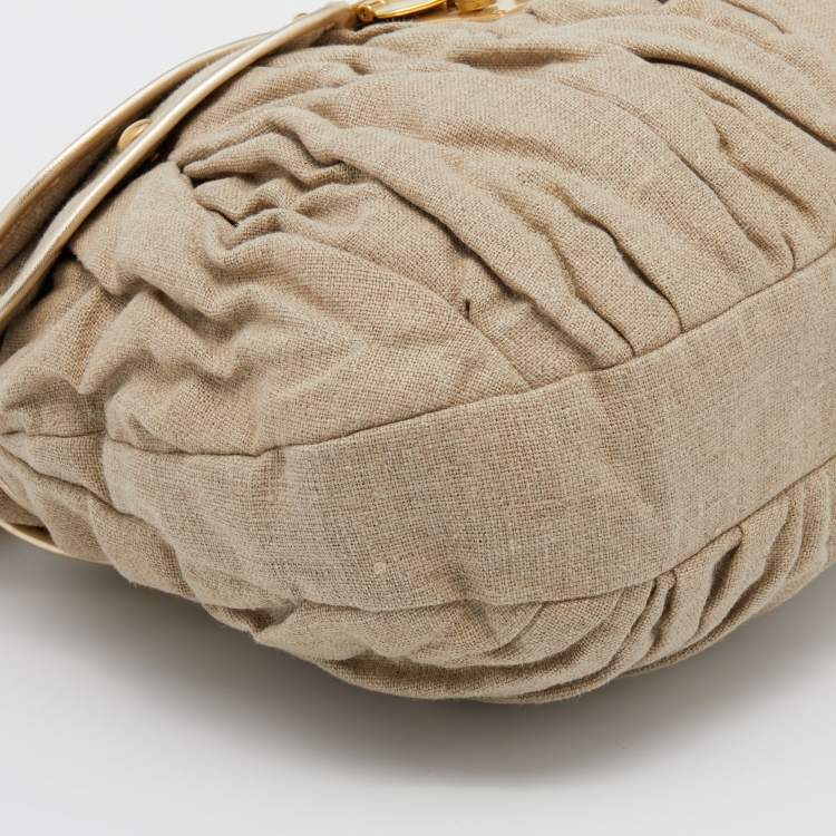 Pre Owned Miu Miu Beige/Gold Canvas and Leather Coffer Hobo