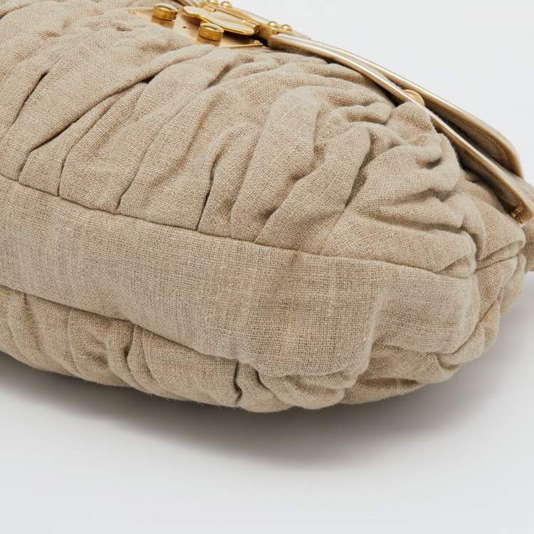 Pre Owned Miu Miu Beige/Gold Canvas and Leather Coffer Hobo