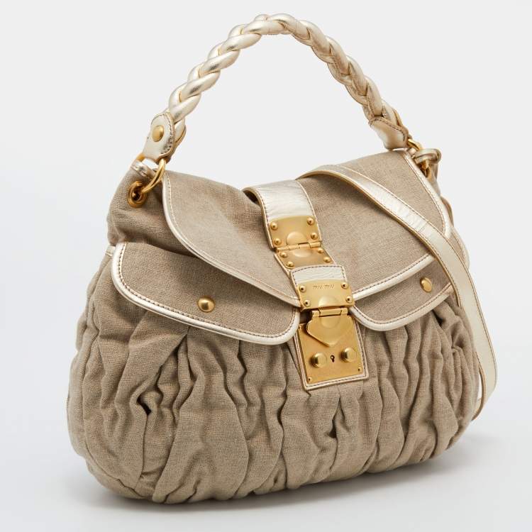 Pre Owned Miu Miu Beige/Gold Canvas and Leather Coffer Hobo