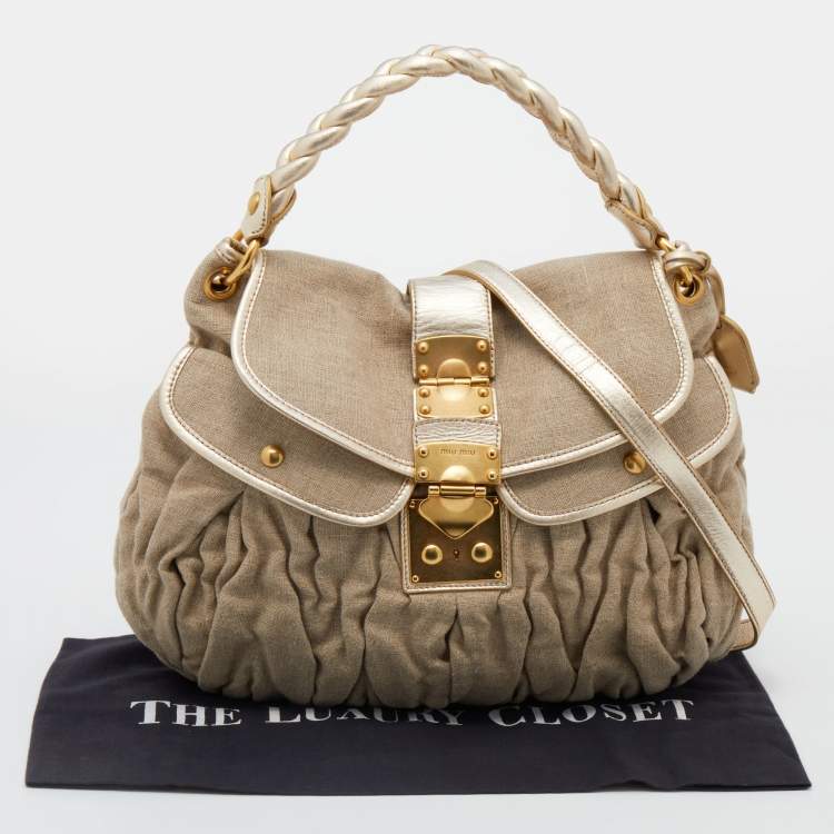 Pre Owned Miu Miu Beige/Gold Canvas and Leather Coffer Hobo