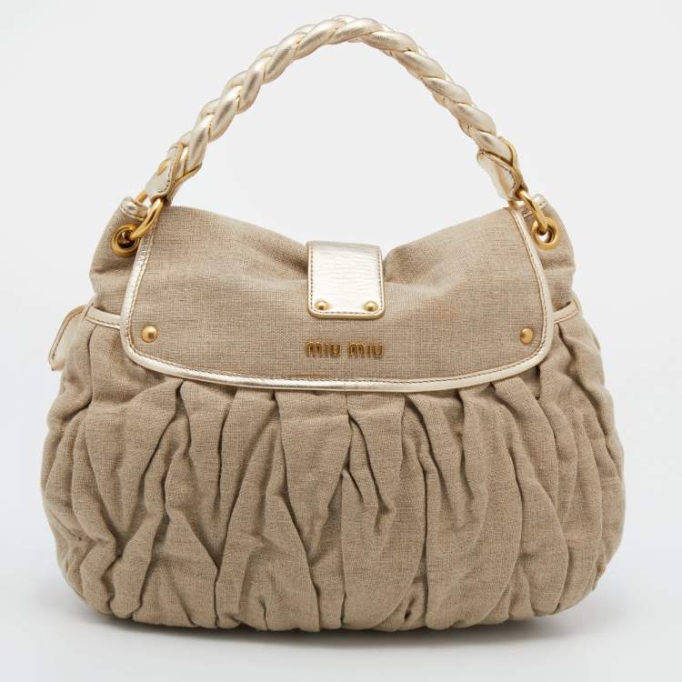 Pre Owned Miu Miu Beige/Gold Canvas and Leather Coffer Hobo