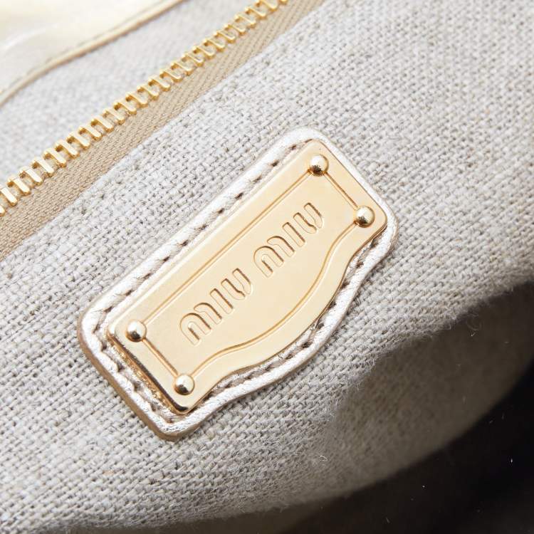 Pre Owned Miu Miu Beige/Gold Canvas and Leather Coffer Hobo