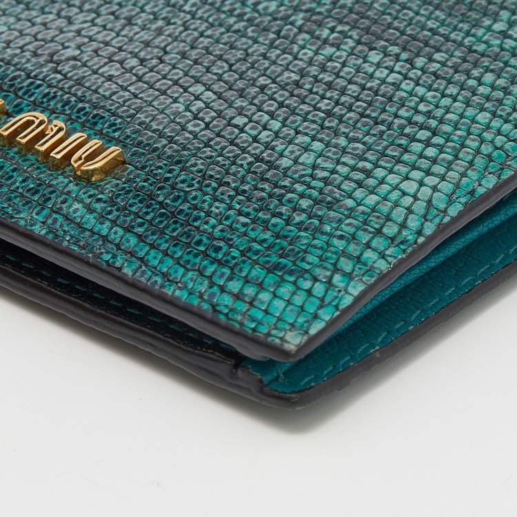 Pre Owned Miu Miu Green/Black Lizard Leather Compact Wallet