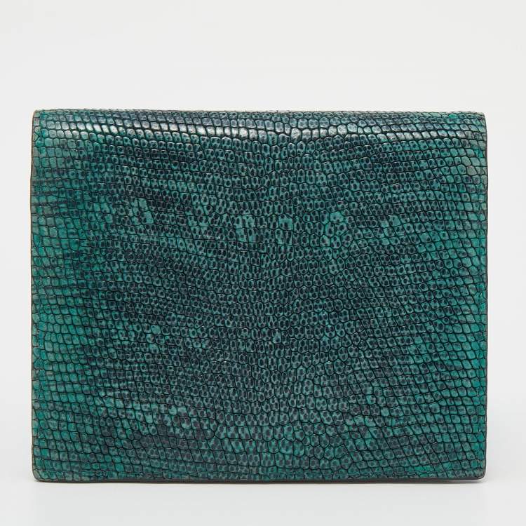 Pre Owned Miu Miu Green/Black Lizard Leather Compact Wallet