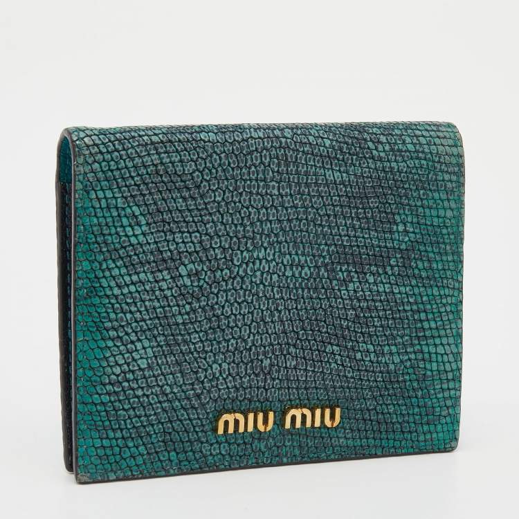 Pre Owned Miu Miu Green/Black Lizard Leather Compact Wallet