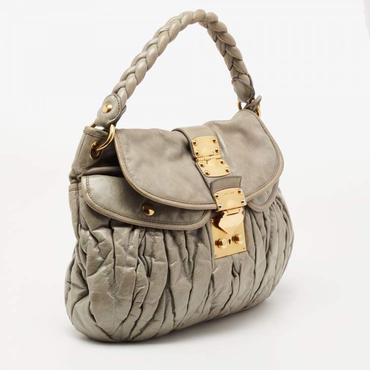 Pre Owned Miu Miu Beige Matelasse Glossy Leather Coffer Bag