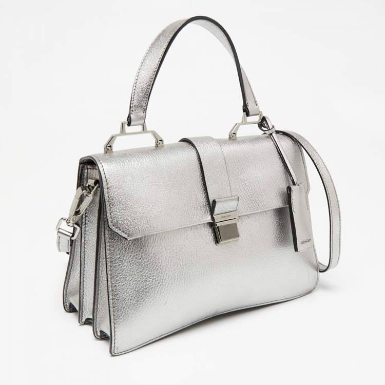 Pre Owned Miu Miu Metallic Silver Madras Leather Top Handle Bag