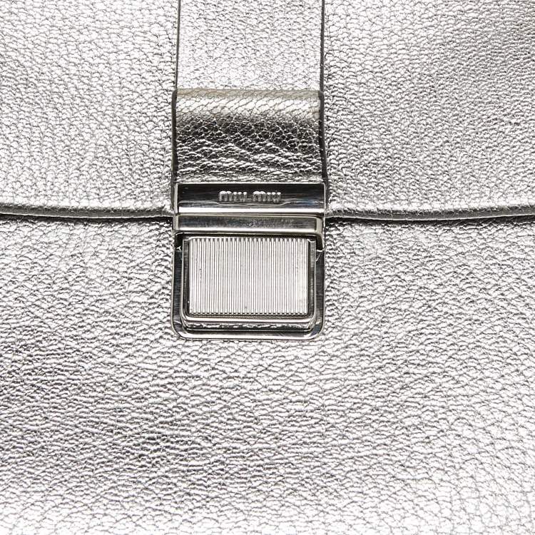 Pre Owned Miu Miu Metallic Silver Madras Leather Top Handle Bag