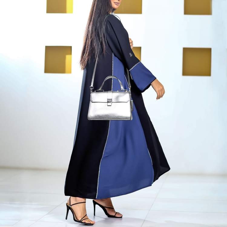 Pre Owned Miu Miu Metallic Silver Madras Leather Top Handle Bag