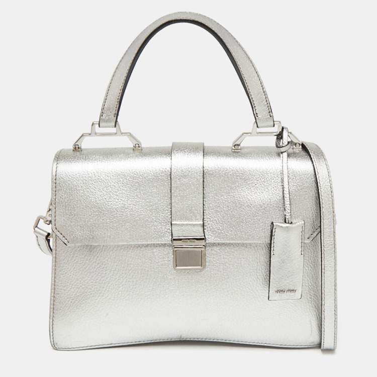 Pre Owned Miu Miu Metallic Silver Madras Leather Top Handle Bag
